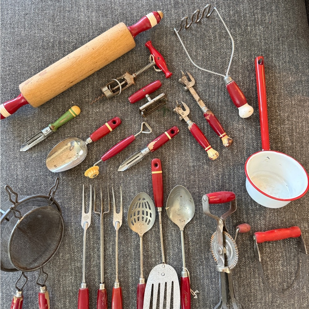 Vintage Red Kitchen Tool and Utensil Set